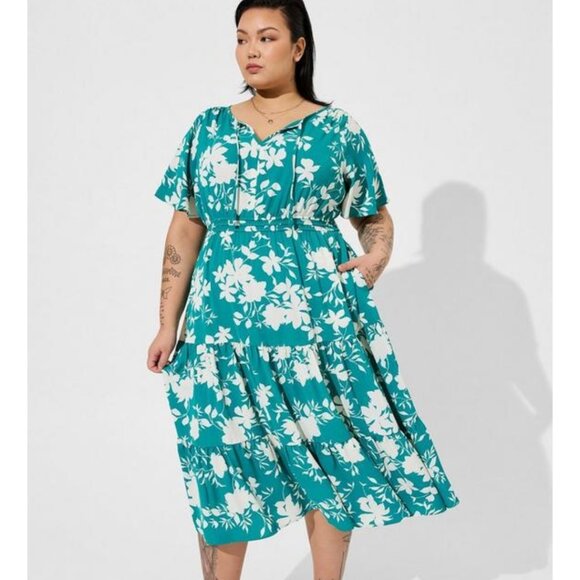 torrid Dresses & Skirts - Torrid Studio Crepe De Chine Tie Neck Tiered Dress